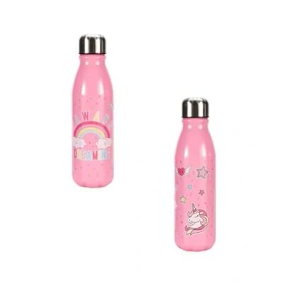 Image of TDL Kids Childrens Unicorn Design Water Bottle, 600ml, Aluminium, Pink, Girls School Picnic Bottle