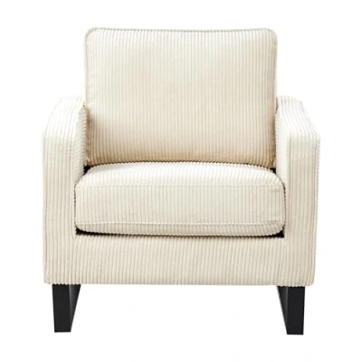 Image of Retro Living Room Corduroy Armchair Track Arms Black Legs Light Beige Vind