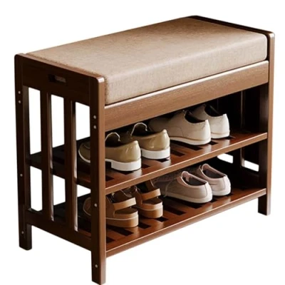Image of DECORN Bamboo Shoe Bench, 3 Tier Storage Bench for Entryway Rack, End of Bed with Cushion, Hallway, Living Room,19.7&quot; L