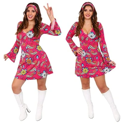 Image of 60S FANCY DRESS COSTUMES FOR WOMEN. 70S RETRO GOGO DRESS. HIPPY COSTUME. FLOWER POWER HIPPIE &amp; HEADBAND UP. SIZE: MEDIUM