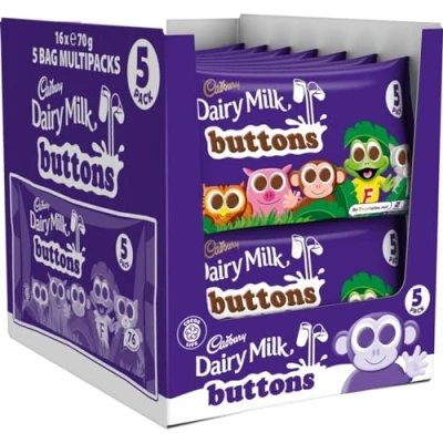 Image of Cadbury Dairy Milk Buttons 5 Treatsize Chocolate Bags, 70 g, Pack of 16