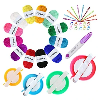 Image of Pompom Maker, 4 Sizes pom Makers for Fluff Ball Weaver Needle Craft DIY Wool Knitting Tool Set Decoration+12PS Acrylic Yarn+10PS Stitch Markers+10PS Plastic Needles+1PS Scissors(37a)