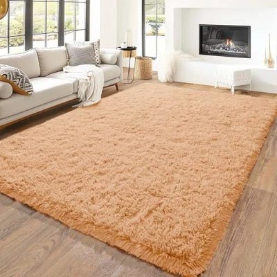 Image of Hafaa Rugs Living Room 120 x 170 Fluffy Beige Area for Bedroom Super Soft Large Shaggy Pile Non Slip Shedding Rug Modern Plush Carpet Lounge