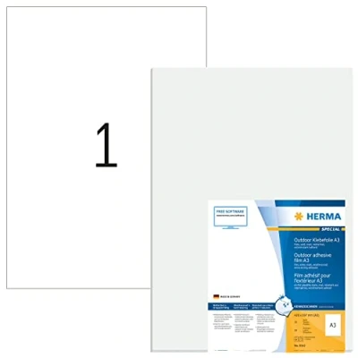 Image of HERMA Self Adhesive Film Labels, 1 Label per A3 Sheet, 10 Sheets, 297 x 420 mm, Blank Weatherproof Labels Stickers, Sticky for Laser &amp; Inkjet Printer, White