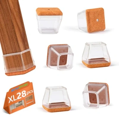 Image of 28Pcs Square Chair Leg Protectors, BAIPOK Furniture Feet Protectors Pads, Chairs Cups With Felt Silicon Covers Caps for Hardwood Floors, No Noise and Scratches (Fit:38 50mm)