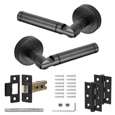 Image of Decoranddecor Enigma Matt Black Round Internal Door Handles Lever On 54mm Rose Aluminium (Latch and Hinge Kit)