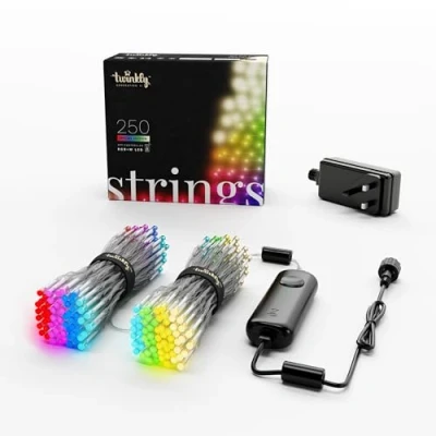 Image of Twinkly Strings Christmas Lights with 250 RGB + Pure Warm White LEDs Indoor and Outdoor Fairy Decorations App Controlled Lighting, Clear Wire, 20m