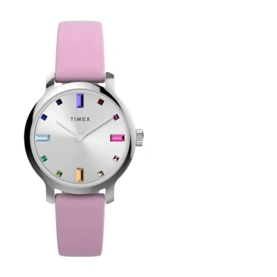 Image of Timex Women&#039;s Trend 31 mm Watch Purple Leather Two Piece Quick Release Strap Silver Tone Dial Case TW2W84800