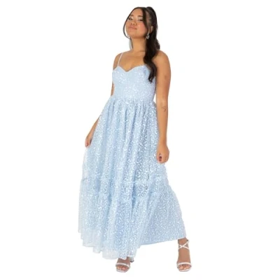 Image of Maya Deluxe Women&#039;s Ladies Midi Dress Sleeveless V Neck Cami Sequin Embellished Embroidered Ruffles for Wedding Guest Prom Ball Gown, Blue, 20
