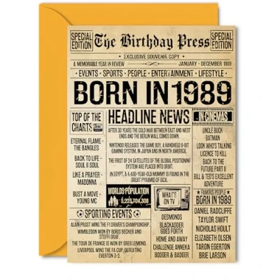 Image of 36th Birthday Card for Women Men Bday Press Newspaper 1989 Happy 36 Cards Nephew Neighbour Cousin Auntie Daughter Husband, 5x7 Inch Greeting