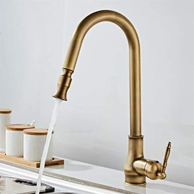 Image of YAWEDA Antique Brass Kitchen Faucets Pull Out Spray Head Hot Cold 360 Degree Swivel Sink Faucet Water Mixer Down Taps Single Handle Retro Style,Antique