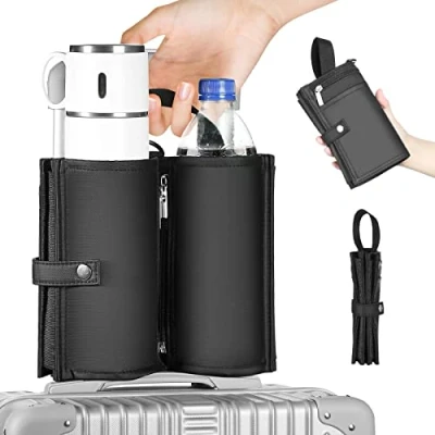 Image of Luggage Cup Holder with Handle Portable Foldable Drink Carrier,Fits Roll on Suitcase Handle,Hold Two Coffee Mugs, Universal Accessories for Flight Attendants, Business Travelers (Black)