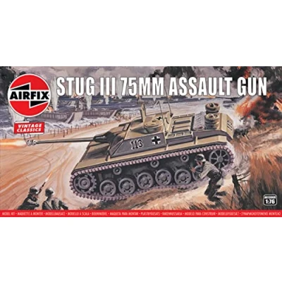 Image of Airfix Vintage Classics Set A01306V Stug III 75mm Assault Gun Plastic Model Tank Kits for Adults &amp; Children 8+, Includes 79 Pieces, Sprues Decals 1:76 Scale