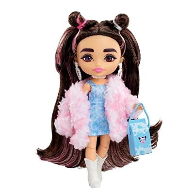 Image of Barbie Doll, Extra Minis Doll with Brunette Hair, Kids Toys and Gifts, Denim Dress Faux Fur Coat, Small Clothes Accessories, HKP90