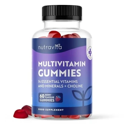 Image of Multivitamin Gummies for Women &amp; Men 60 Vegan (2 Month Supply) 14 Essential Vitamins Minerals with Vitamin C A D B12 Biotin Zinc Berry Flavour Chewable Adult Multi Nutravita