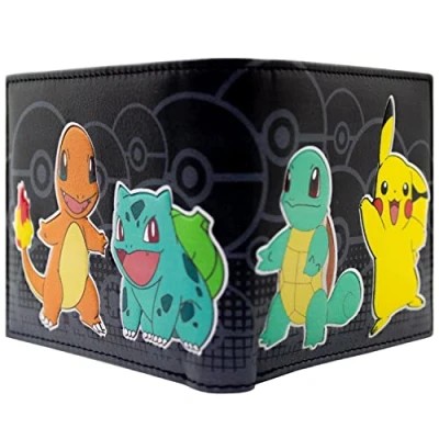 Image of Starters Squirtle and Bulbasaur with Pikachu Black ID Card Bi Fold Wallet, One Size