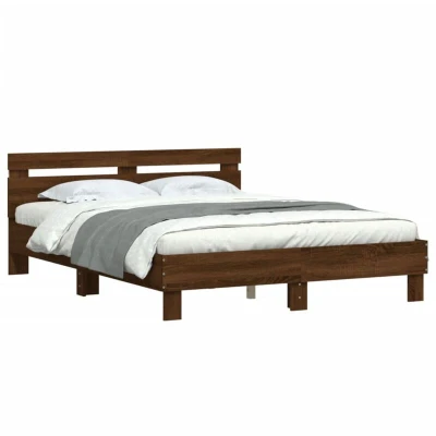 Image of vidaXL LED King Size Bed Frame Engineered Wood, Brown Oak with Headboard Modern Bedroom Furniture, 150x200 cm