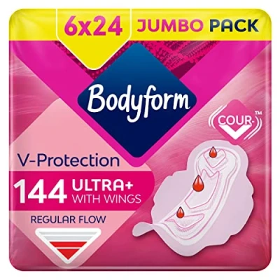 Image of Bodyform Ultra Normal Sanitary Towels with Wings, 144 (24 x 6 Packs) Period Pads, SecureFit Leakage Protection, Breathable Top Layer