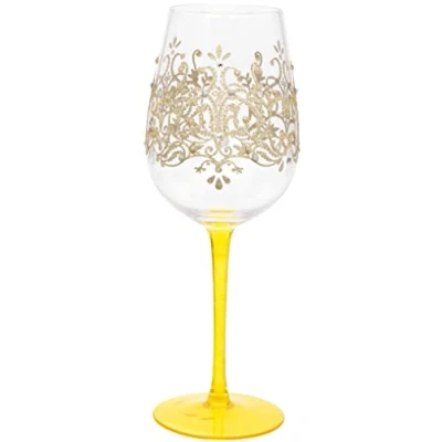 Image of Hand Painted Gold Regal Damask Pattern Wine Glass, 400ml, Gift Boxed