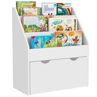 Image of AIYAPLAY Kids Bookshelf, Bookcase Toy Storage Organizer with 3 Tier Shelves, Drawer, for Bedroom, Nursery, Playroom, Classroom, White