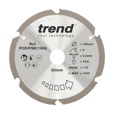 Image of Trend PCD Fibre Cement Circular Saw Blade, 190mm Diameter, 30mm Bore, 6 Teeth, 2.4mm Kerf, +12 Hook, PCD/FSB/1906