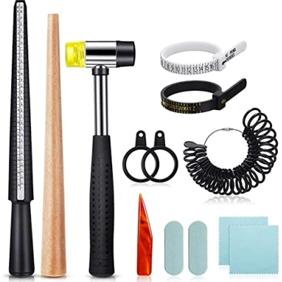 Image of Ring Making Tools UK Sizer Gauge with Mandrel Rubber Hammer Repair Measurement Resizer Finger Sizing Tool Jewellery Kit