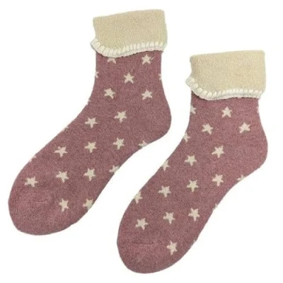 Image of Joya Luxurious Cuff Bed Wool Blend Socks UK 4 7 EU 36 40 Pink With Small Cream Stars