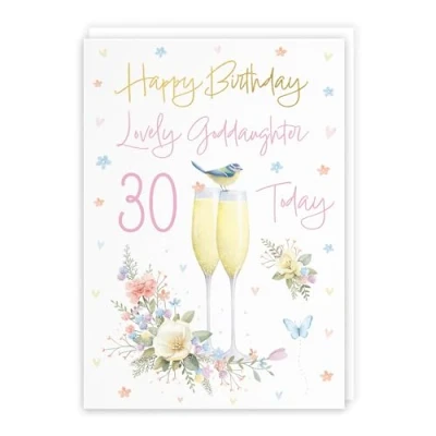 Image of Hunts England 30th Goddaughter Champagne Flutes Birthday Card Luxury Gold Foil Milo&#039;s Gallery Age 30 Pretty Flowers, Butterflies, Hearts For Thirty A5 Size