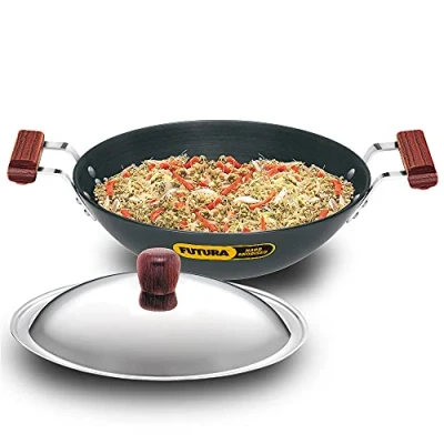 Image of Hawkins L26 Futura Hard Anodised Deep Fry Pan Kadhai with Steel Lid and Flat Bottom 3.75 Litres