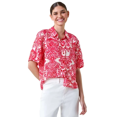 Image of Roman Originals Shirt for Women Ladies Cotton Blouse Button Through Tunic Printed Top Work Long Sleeve Smart Casual Going Out Office V Neck Everyday Evening Event Red Ivory Size 10
