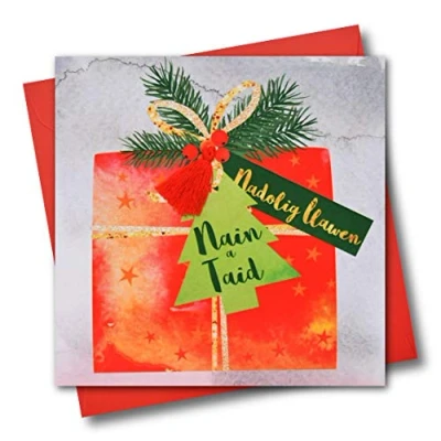 Image of Welsh Granny &amp; Grandad Christmas Card, Nain a Taid, Tassel Embellished