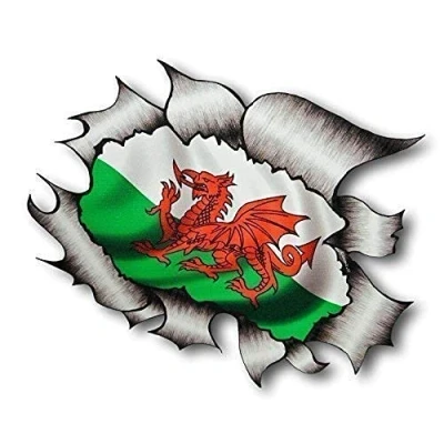 Image of Sticar it Ltd RIPPED TORN METAL Car Sticker Welsh Wales CYMRU Flag Vinyl decal Van Truck Small 105x130mm approx.