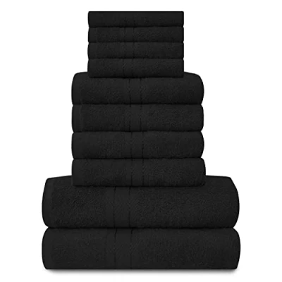 Image of Lions Towels Family Bale Set 10 Piece 100% Egyptian Cotton, 4x Face Hand 2x Bath Towel, Premium Quality Highly Water Absorbent Bathroom Accessories, Machine Washable, Black, 544647