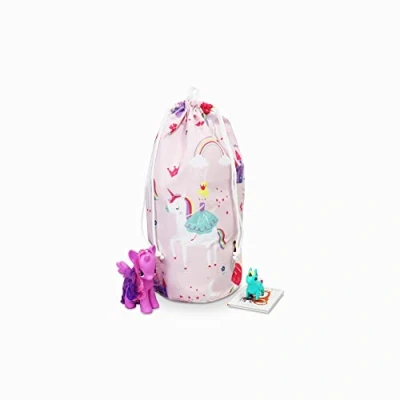 Image of Happy Linen Company Kids Unicorns Princess Rainbows Pink 50 x 75 cm Reversible Foldable Toys Organiser Storage Bag