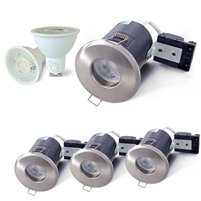 Image of 4XSweier 90 Minute Fire Rated LED Spotlights,5W 3000K Warm White IP65 Waterproof Bathroom Recessed Ceiling Lights,230V GU10 Downlight,Cut Out 70mm. Satin Nickel(Non dimmable)