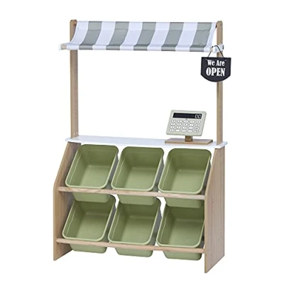 Image of Teamson Kids Little Helper Pretend Play Wooden Market Grocery Stand Role Toy Set For Children with Interactive Features &amp; 6 Accessories Green TD 13638A