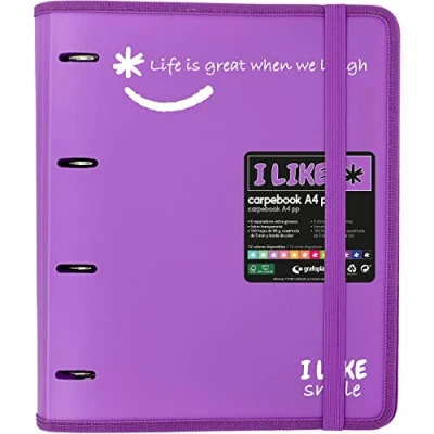 Image of Grafoplás 88101869 4 Ring Binder with Refill, A4, Lavender, Semi Rigid Polypropylene, Includes Dividers, Carpebook Like