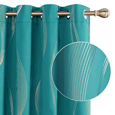 Image of Deconovo Blackout Eyelet Curtains Thermal Insulated Gold Wave Line Foil Printed for Bedroom 46x90 Inch Turquoise 2 Panels