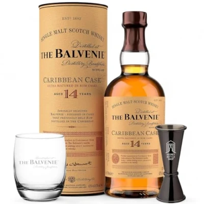 Image of Balvenie 14 Year Old Caribbean Cask Whisky 70cl With Glass &amp; Secret Bottle Shop Jigger