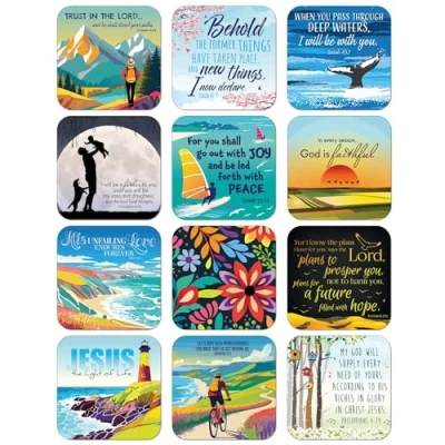 Image of Christian Coasters set of 12, each a different design, with Bible verses or inspirational words. Beautiful gifts for women men, by Just Cards Direct (C472)