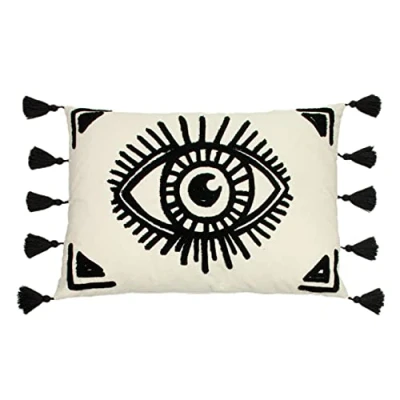 Image of furn. Ashram Eye Tufted Tasselled Feather Filled Cushion Black/White One Size