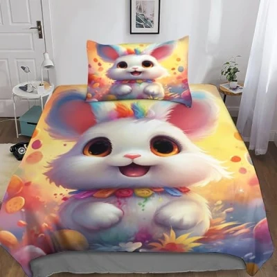 Image of GEEYOU Cute Rabbit 3D Comforter Cover Set 3 Piece for Kids Boys Animal Duvet Pillowcases Youth Teens Bedding Quilt with Zipper Closure Soft Microfiber Single（135x200cm）