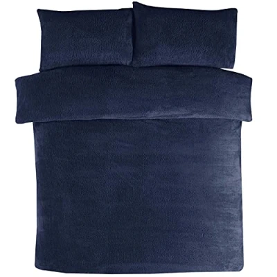 Image of Sleepdown Teddy Fleece Navy Thermal Warm Cosy Super Soft Duvet Cover Quilt Bedding Set with Pillowcases King (220cm x 230cm)