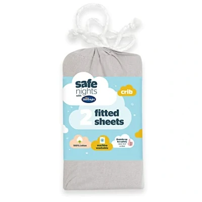 Image of Silentnight Safe Nights Crib Size Fitted Sheets Set 100% Jersey Cotton Bedside Compatible Pack of Two Plain Grey Easy Care Super Soft Cuddly for Baby with Storage Bag (40cm x 90cm 11cm)