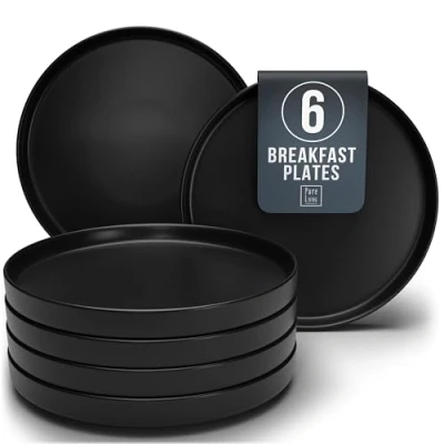 Image of Manhattan Urban Black Line 6 Piece Breakfast Plate Set in Matte Premium Stoneware, Dishwasher and Microwave Safe Stylish for Elegant Dinnerware Pure Living