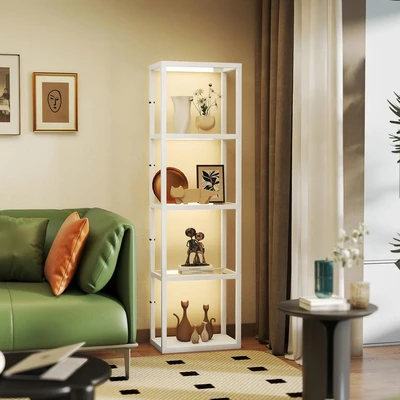 Image of Led Floor Lamp with Glass Shelves, Dimmable Room Lamp, White Homcom