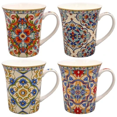 Image of Lesser &amp; Pavey Lustre Lovely Floral Design Set of 4 Ceramic Mugs William Morris Willow Bough, Tuscany, Artemis, Loden, Pimpernel or Strawberry Thief Designs (Tuscany)