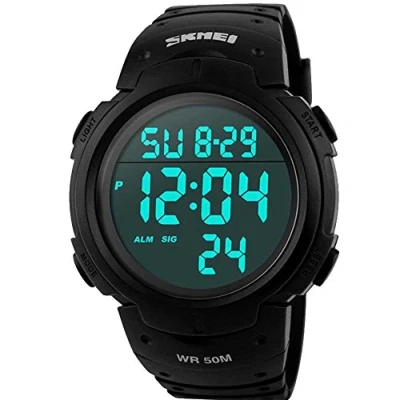 Image of Mens Digital Sports Watch LED Screen Large Face Military Waterproof Casual Luminous Stopwatch Alarm Simple Army Watch, black,