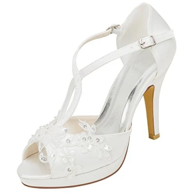 Image of Emily Bridal Wedding Shoes Women&#039;s Silk Like Satin Stiletto Heel Peep Toe Platform with Stitching Lace Pearl (EU39/UK6, Ivory)
