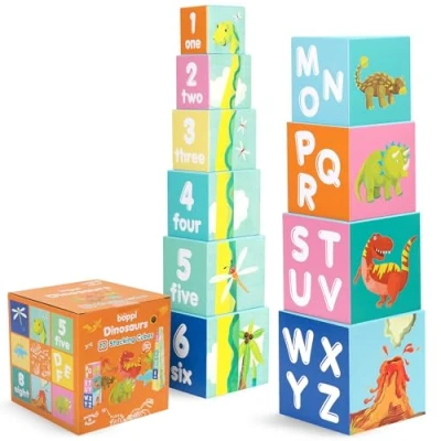 Image of boppi Stacking Blocks Dinosaur Toddler Toys with Letters and Numbers, Montessori/Educational Toy Cubes for Toddlers, Preschool Learning Baby